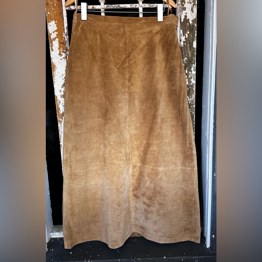 Jessica Holbrook Tan Suede Leather Maxi Skirt Size 16 Vintage 90s Boho - Picture 3 of 5